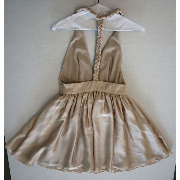 Rae Francis Women's Sz 2 (XS) Taupe Satin Braided Back Reese Mini Dress $198+ - Picture 7 of 9